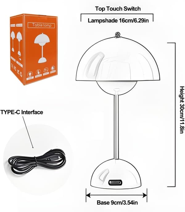 Mushroom-shaped LED Table Lamp USB Rechargeable Touch Control Night Light With 3 Brightness Modes Flower Pot Design Desk Lamp White