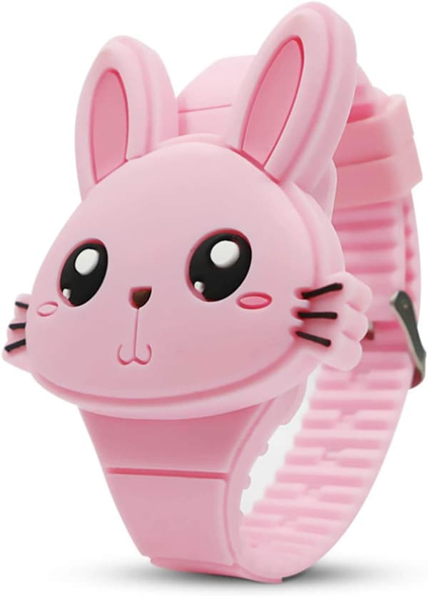 Barn söt digital klocka, söt kaninformad flickklocka LED mode silikon djurform clamshell design armbandsklocka flicka bästa presenter rosa