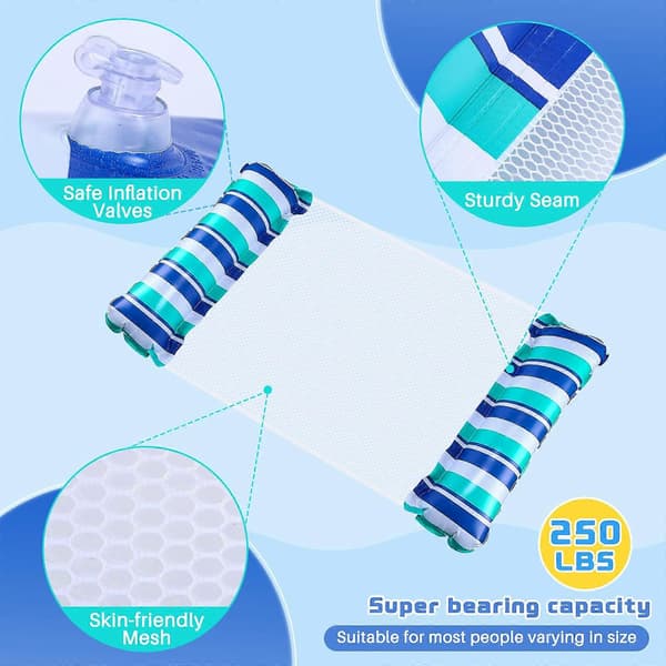 2-pack uppblåsbar poolhängmatta, 4-i-1 flytande solstol och luftmadrass (blå och grön)