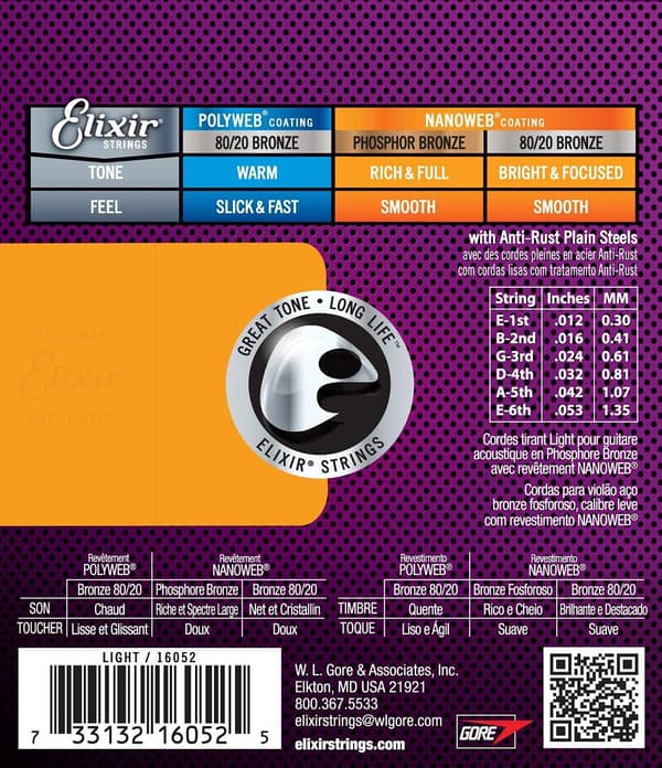 16052 Phosphor Bronze Acoustic Guitar Strings with NANOWEB Coating, Light (.012-.053)