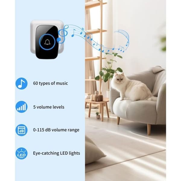 Waterproof Wireless Doorbell Set - 300m Range, 60 Melodies, 5 Volume Levels, LED Display - Black
