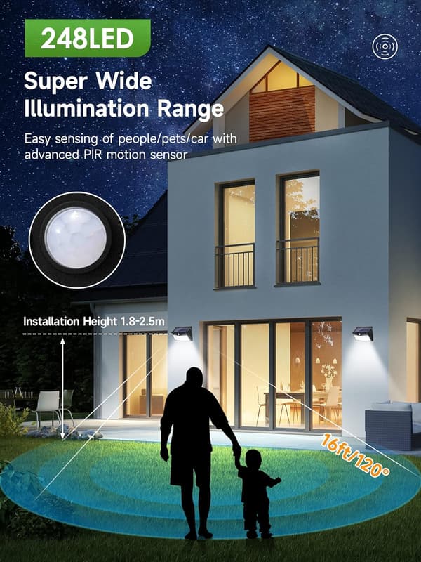 【248 LED/2000LM】4-pak solcellelamper til haven, superlyse 3-vejs solcelledrevne LED-spotlights til udendørs brug.