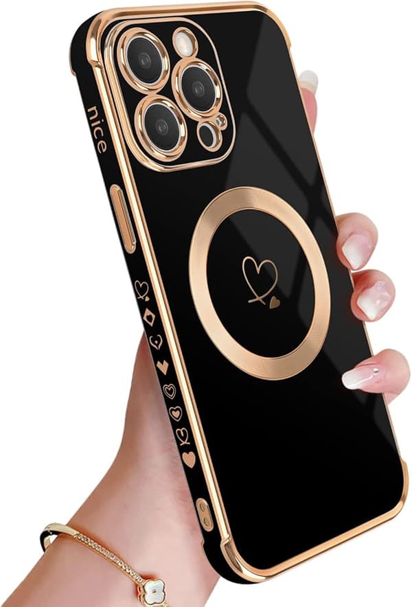 (Svart) Deksel til iPhone 14 Pro Max, Søtt Hjerteformet Magnetisk Deksel med Gullbelagt Kant, Støtsikkert Silikondeksel