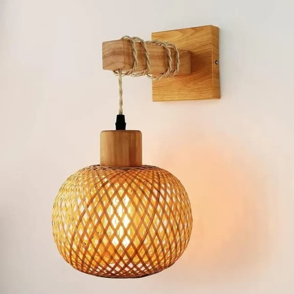 Bamboo Wall Lamp Lantern Shape, Hand-Woven Lampshade, E26 Socket, Suitable for Bedroom and Living Room