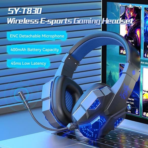 Headphones ideal for gaming and movie watching; features a built-in microphone and a 10-meter range (Blue)