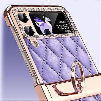 Rhinestone Case Compatible with Samsung Galaxy Z Flip 4, PU Leather Case with Hinge Protection and Ring Holder