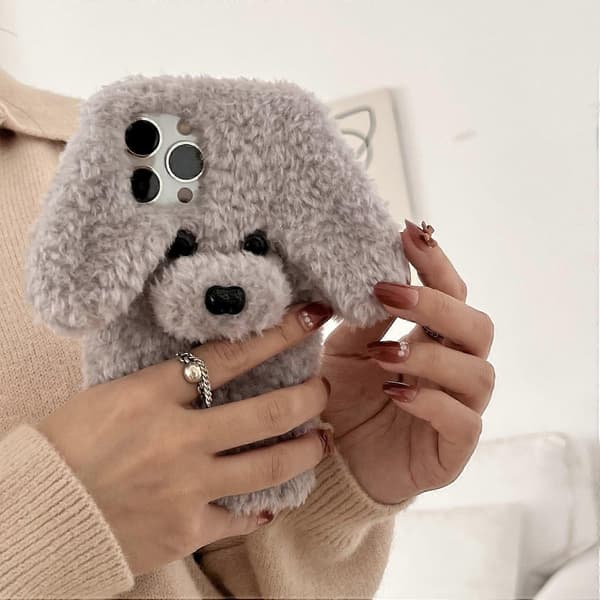 For iPhone 15 Pro Case Cute Teddy Dog Fluffy Soft TPU Winter Phone Case - Grey