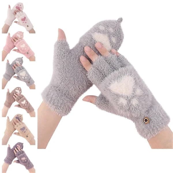 Halvfingerdatorhandskar Enfärgad Stickad Dam Fingerlösa Vantar - Grå #4