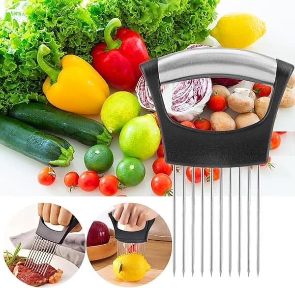 Løg holder i rustfrit stål til udskæring, løgskærer til udskæring og opbevaring af løg, avocado, æg og andre grøntsager