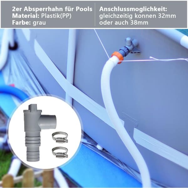 Sæt med 2 vedligeholdelses-/afspærringsventiler til pool med 32 mm slangeforbindelse, afspærringsventil til pool, ventil dobbelt delt poolventil