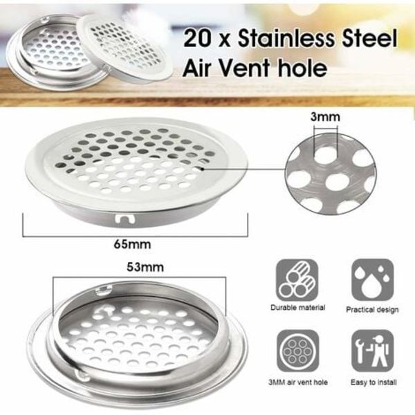 20 stk. dekorative ventilationsgitre 53 mm rustfri ventilationshuller, runde gitre, luftventiler til køkkenskabe og møbler