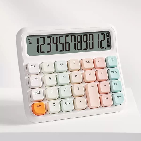 White Mechanical Switch Calculator, 12-Digit Large LCD Display and Buttons, Suitable for Daily Life and Basic Office Work