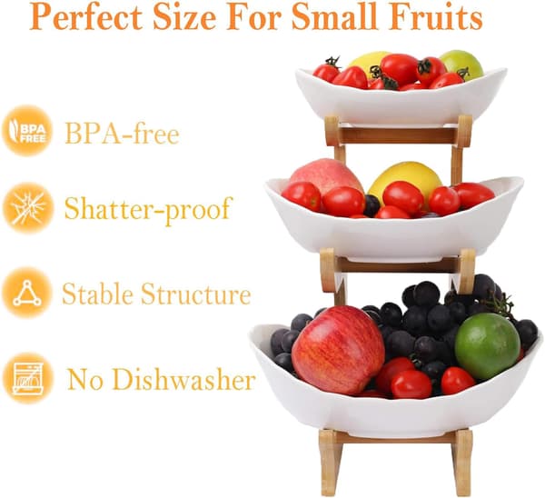 3-Tier Fruit Basket Stand, Natural Bamboo Countertop Fruit and Snack Display for Kitchen, Dining Table, and Parties, White