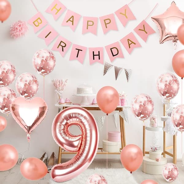 9-års bursdagsballong, rosegull 9-ballong, 9 år gammel bursdag