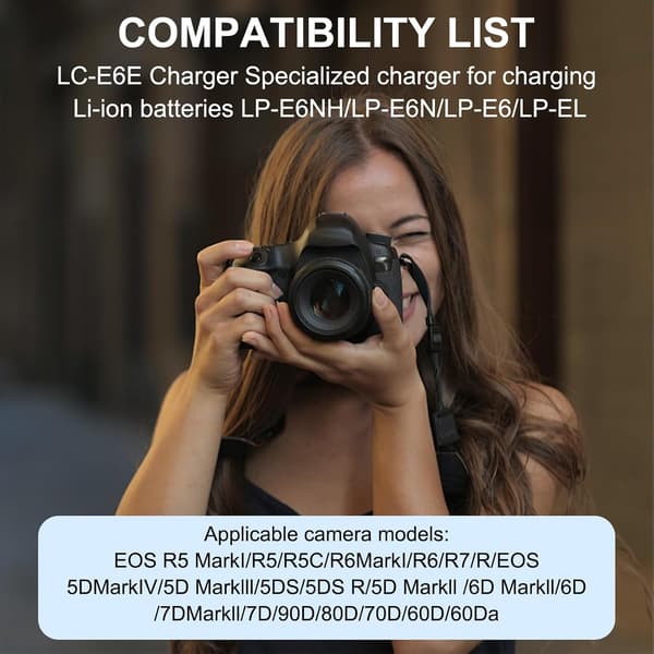 LC-E6 LP-E6N Batterilader for Canon EOS R R5 R6 5D Mark II IV 5DS R 6D 6Da 7D Mark II 60D 70D 80D 90D Kameraer (EU)