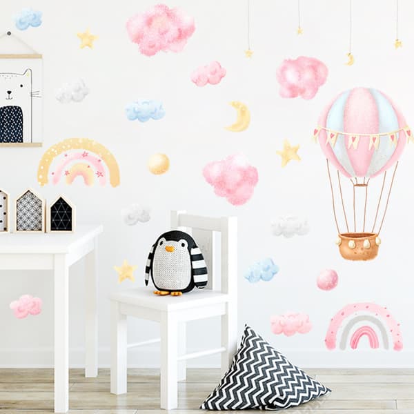 Rainbow and Hot Air Balloon Wall Decals for Kids, Removable