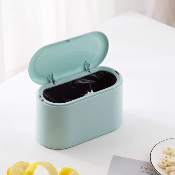Mini Trash Can Press Trash Can Lid Makeup Holder Vanity Bathroom Kitchen Car Desk (Light Blue)