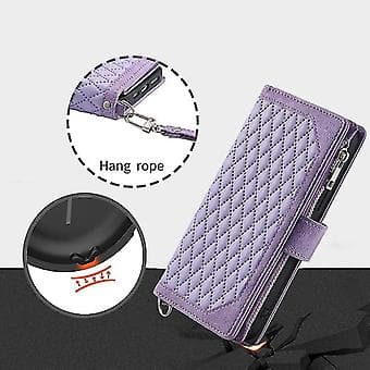 Wallet Case Compatible With Iphone 14 Pro Max/14 Pro, Grid Pattern PU Leather + Soft TPU Frame Protection With Lanyard