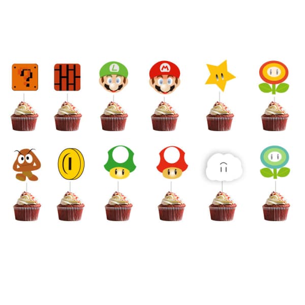 26 deler Super Mario dekorasjoner, bursdagskake, cupcakes