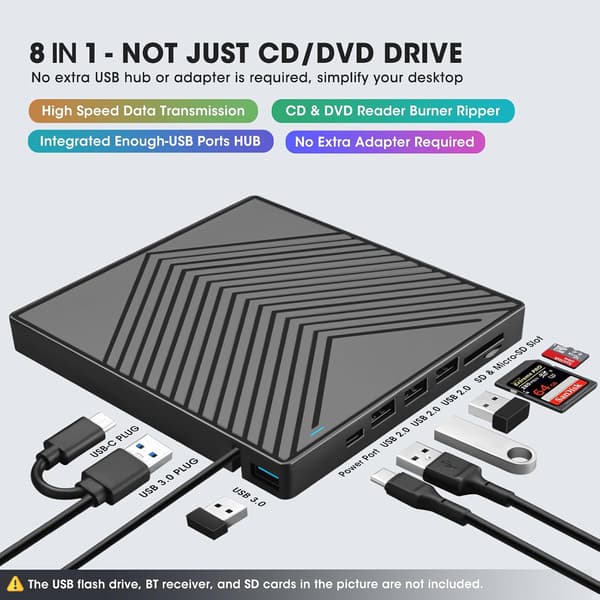 Extern CD DVD+/-RW-enhet med SD-kortläsare och USB 3.0/2.0-portar för bärbar dator Mac, PC Windows
