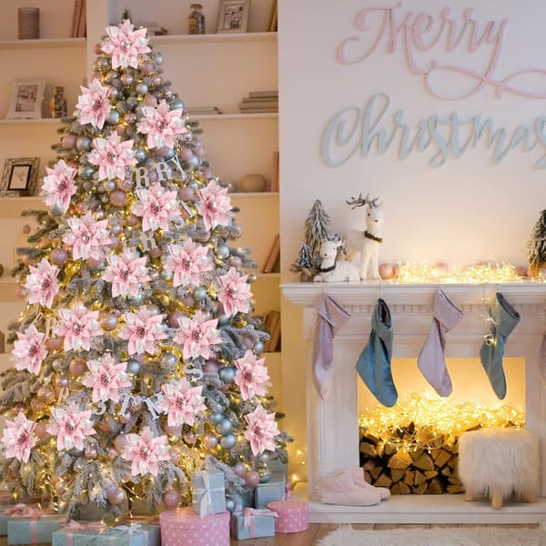 15 stk juleblomster, rosa kunstige blomster med klips til juledekorasjoner