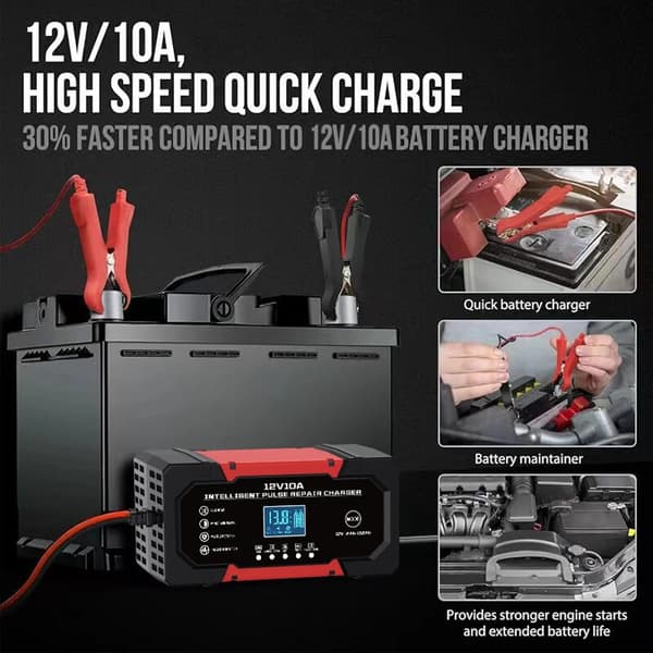 Smart batterioplader 12V10A automatisk reparationsfunktion, til blysyre- og lithiumbatterier.