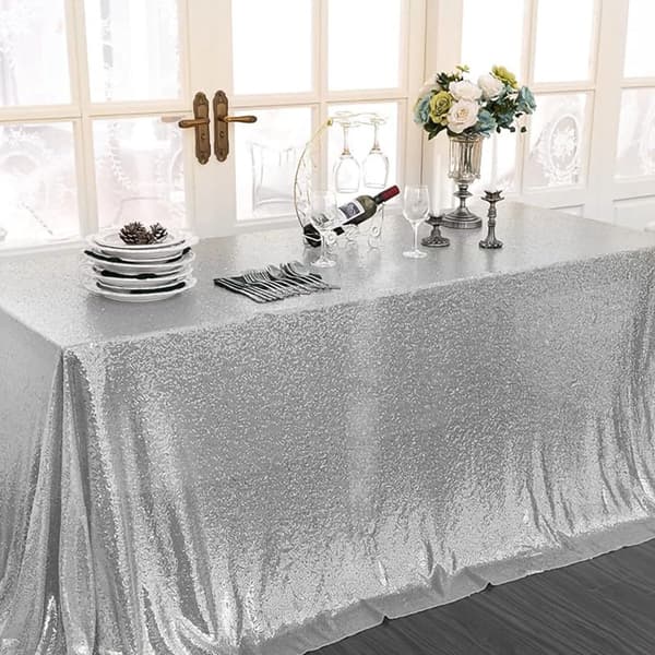 Seamless silver sequin tablecloth 130x220 cm - Suitable for weddings, birthdays, Christmas and other party decorations.
