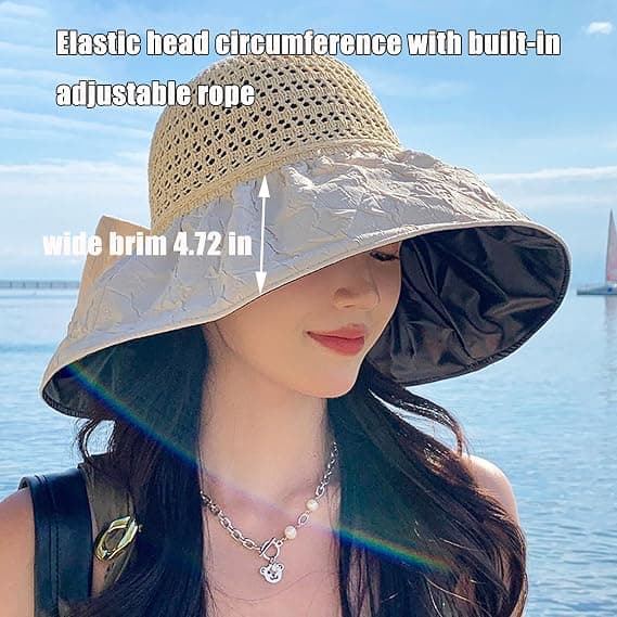 Kvinders strandhat med bred skygge, super solbeskyttelse, solhat med sort gummisolbeskyttelse, UV-beskyttelse, foldbar, justerbar solhat Off White Off White