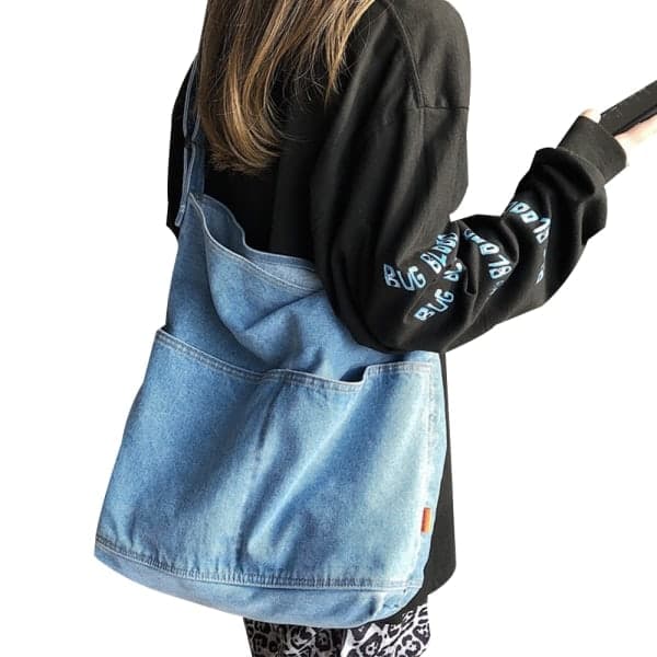 Blå Jeans Stoffveske Skulderveske Messenger Bag Stor Dame