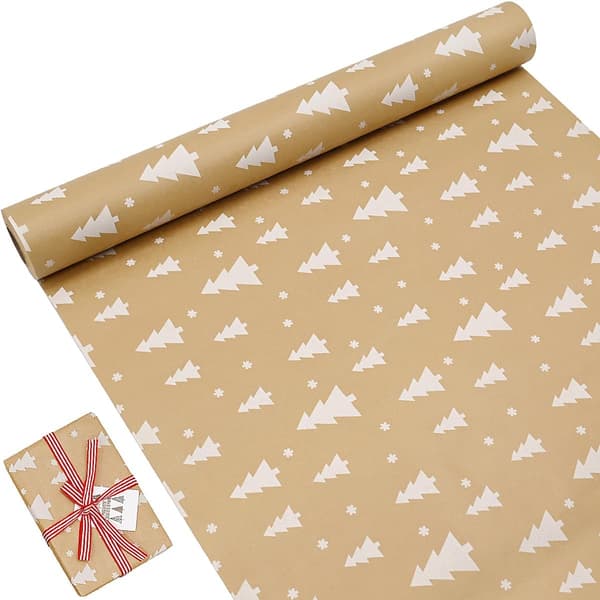 43 cm x 15 m rullpack julpapper, kraftpapper med julgran, återvinningsbart presentpapper för julklappar, inslagning, festdekoration