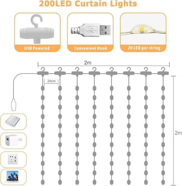 Varmhvide 200 LED Gardinlys | 2m x 2m Lyskæde til Dekoration[JUN]