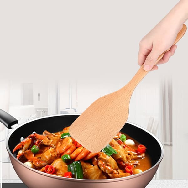 Wooden Kitchen Utensils, Long Handle Spatula, Slotted Non-Stick Spatula, No Holes