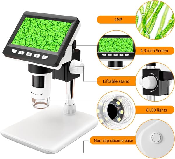 Digital Microscope for Kids/Adults, 4.3-inch Screen, 50-1000x Magnification, 8 Adjustable LED Lights.