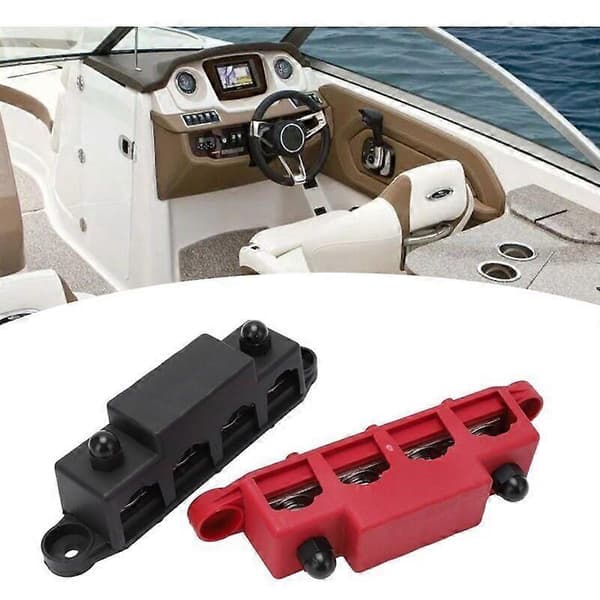 Distributionsforbindelsesblok. Par M8 samleskinneforbindelser til røde og sorte strømfordelingsblokke til biler, autocampere, både og yachter