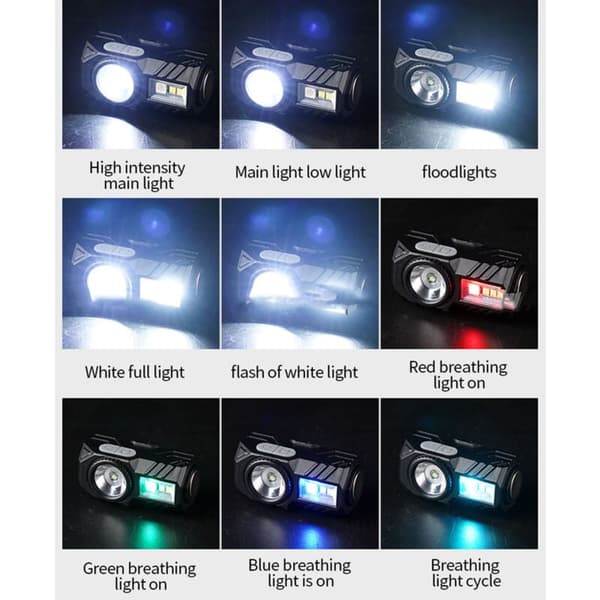 LED-hodelykt med magnetfeste, bevegelsessensor, oppladbar, lett, kompatibel med utendørsaktiviteter
