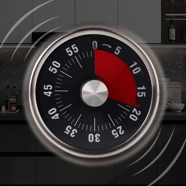 Rund sort rød urskive visuel indikator analogt display manuel betjening kompakt 60 minutters rustfrit stålhus roterende nedtællingstimer til køkkenet