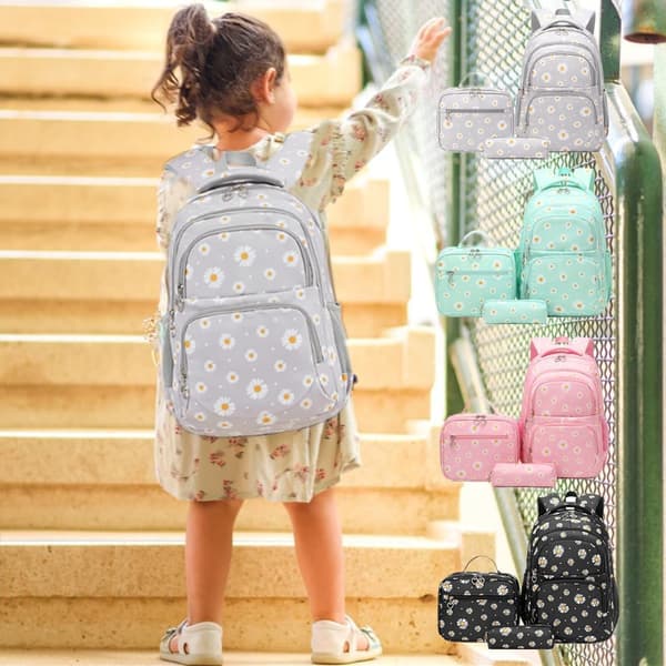 Daisy Print Girls Backpack Primary School Bag Elementary School Students Daypack with Lunch Bag Black