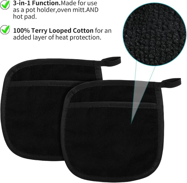 2-pack Pot Holders with Pockets Kitchen Heat Resistant Machine Washable Square Oven Mitts Terry Pot Holder Set 21 x 19 cm for Baking Cooking