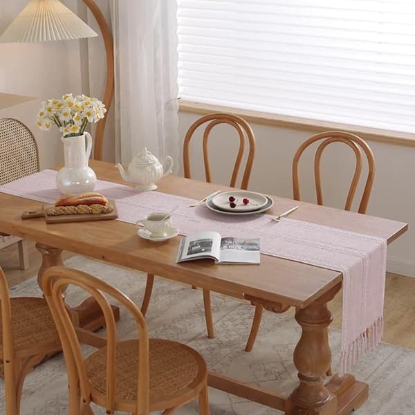 Boho Table Runner with Tassels Embroidered Macrame Rustic Dining Table Decor for Parties and Everyday Use Pink 13 x 47 Inches