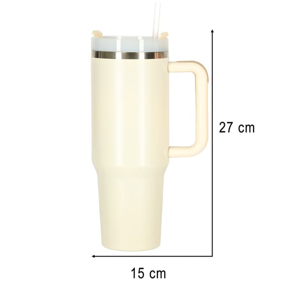 Termisk krus med sugerør og håndtak, 1200ml, krem