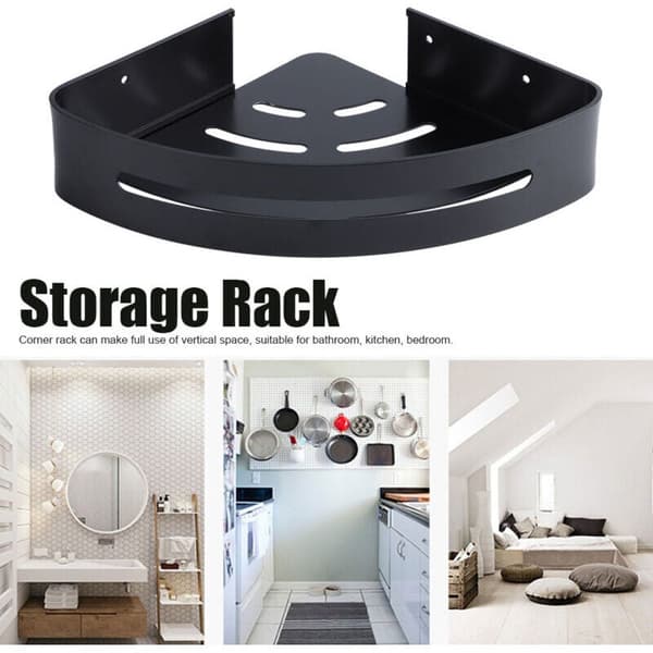 Double-layer wall-mounted aluminum storage shelf, corner shelf for home, bathroom, black.