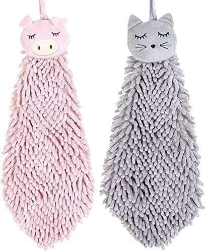 Søde dyrekøkken- og badehåndklæder 2-pak, blød plys mikrofiber til børn og voksne (pink + grå)