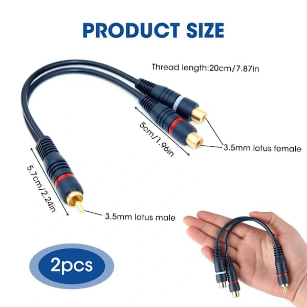 RCA-han til dobbelt hun-kabel, 3,5 mm Jack RCA-adapter lydkabelsplitter, mørkeblå - 15 cm, dobbelt RCA-musikkabel til,A