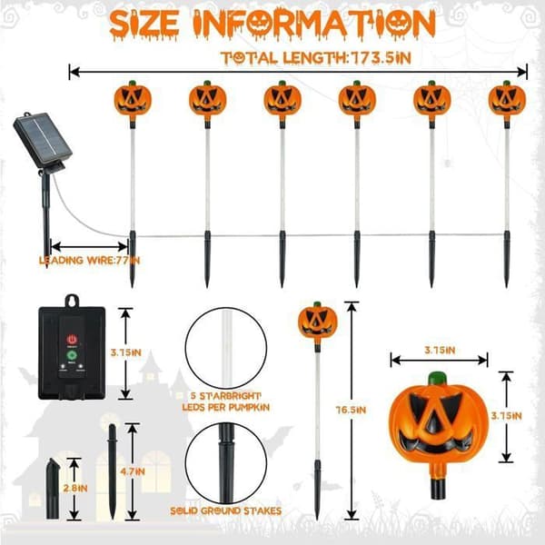 Set of 12 Solar-Powered Pumpkin-Shaped String Lights for Outdoor Halloween Decoration, Waterproof Pathway Lighting with 8 Modes