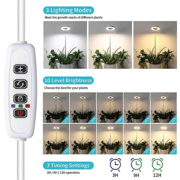 Ringformede vækstlys til små indendørs planter, varm+hvid LED fuldspektret plantelys, højdejusterbar med adapter