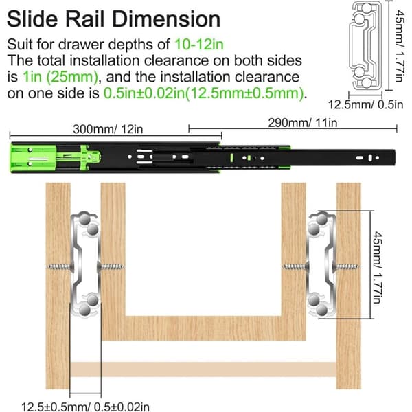 Drawer Slides Stainless Steel Drawer Slides 300mm Drawer Runner Ball Bearing Slide Full Extension with Damper, 2-pack