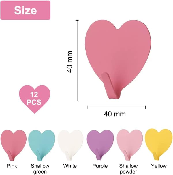 12 Pieces Self-Adhesive Hooks, Stainless Steel Self-Adhesive Wall Hook, Colorful Heart-Shaped Self-Adhesive Hook Self-Adhesive Wall