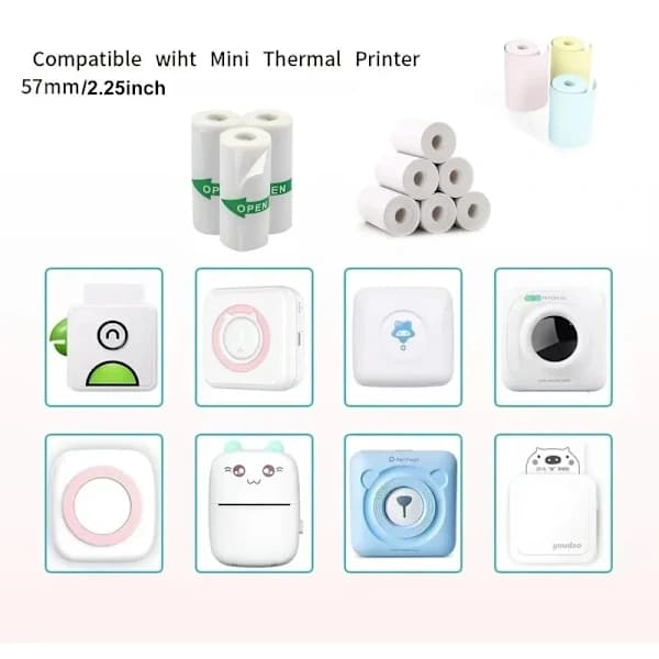 Mini Thermal Sticker Paper 57x25mm Self-Adhesive White Label Rolls for Portable Pocket Printers 5 Rolls Stickers 5 Rolls Stickers