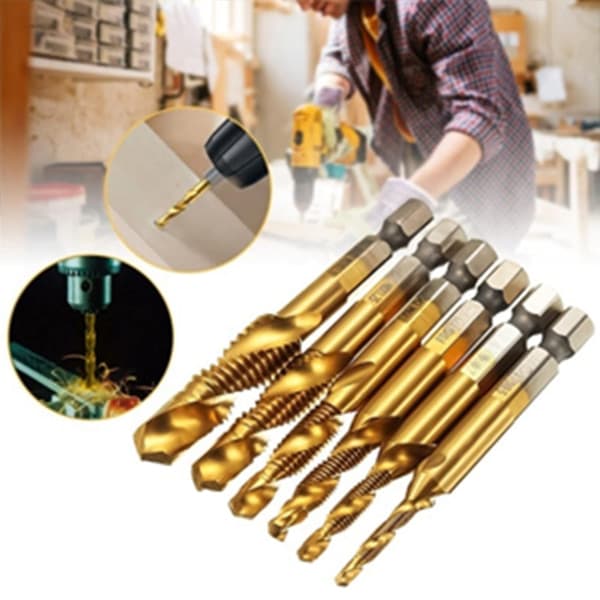 HSS Tap Drill Bit Set, 6 Pcs Metric Thread M3-M10 Titanium Coated HSS Drills and Taps 1/4\" Hex Shank