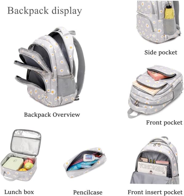 Daisy Print Girls Backpack Primary School Bag Elementary School Students Daypack with Lunch Bag Black